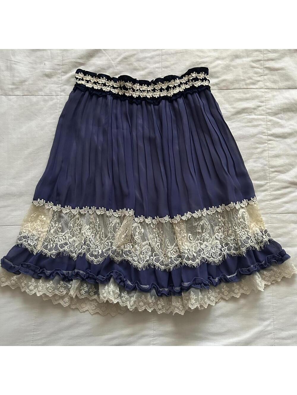 Axes Femme Blue Plisse Lace Insert Ruffle Skirt White Lace Trim Medium